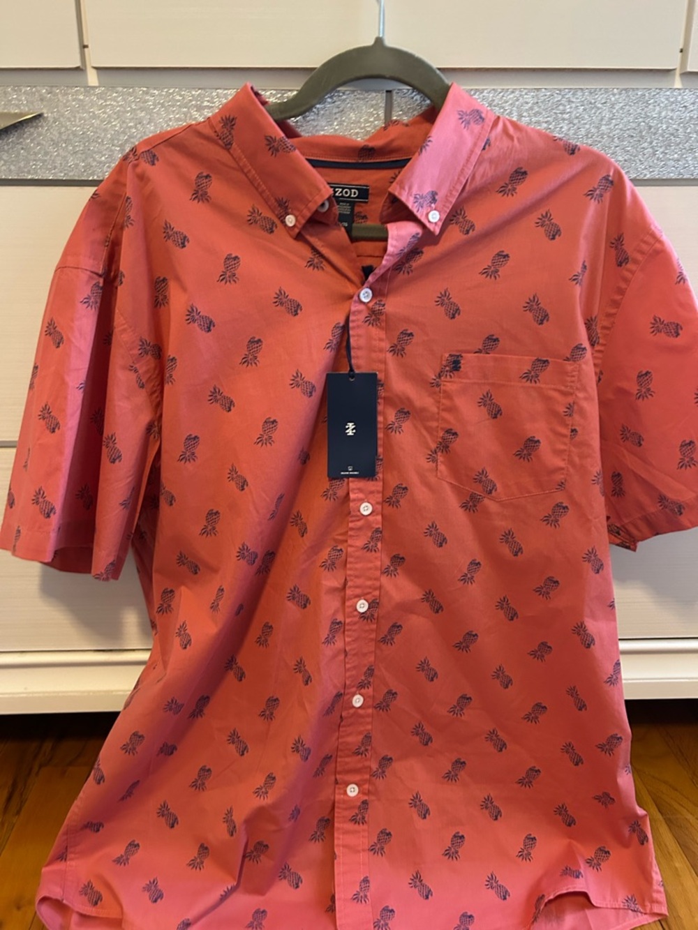 Izod Coral Short-Sleeve Button-Down Shirt with Navy Pineapple Print